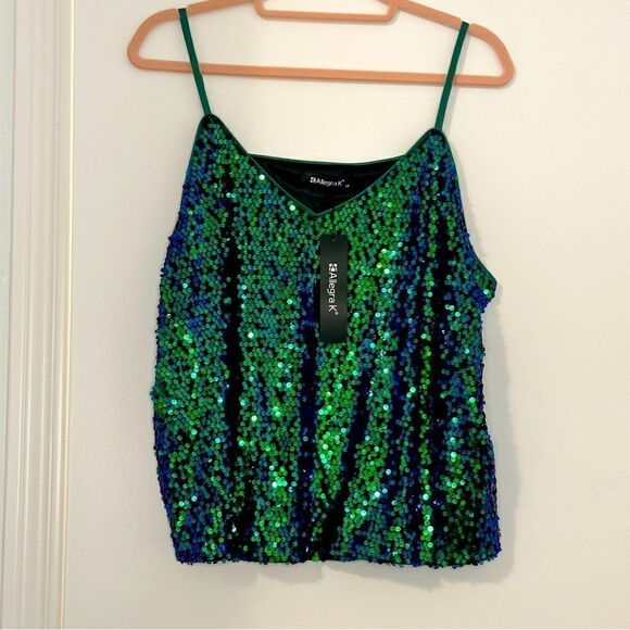 Allegra K Green and Blue Sequined Shining Adjustable Straps Sparkle Cami Top - Picture 7 of 9